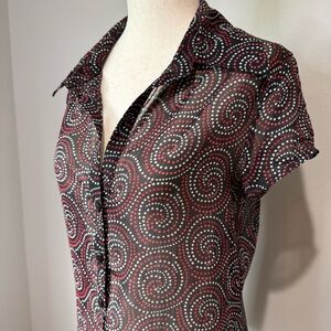 Anxiety Sheer Button Down Blouse – Black Red White Swirl Dot Print, XL